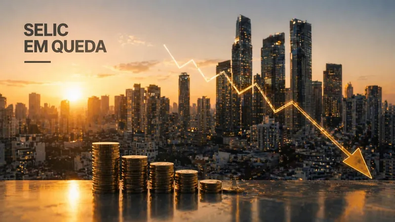 Prédios ao pôr do sol com moedas e uma seta para baixo, imagem da matéria sobre a queda da Selic